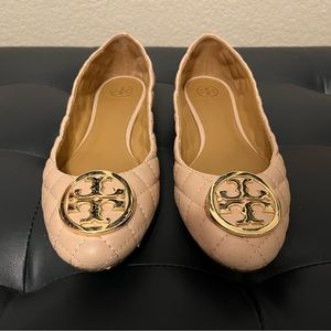 TORY BURCH BENTON 2 PALE PINK LEATHER QUILTED GOLD REVA LOGO BALLET FLATS 9